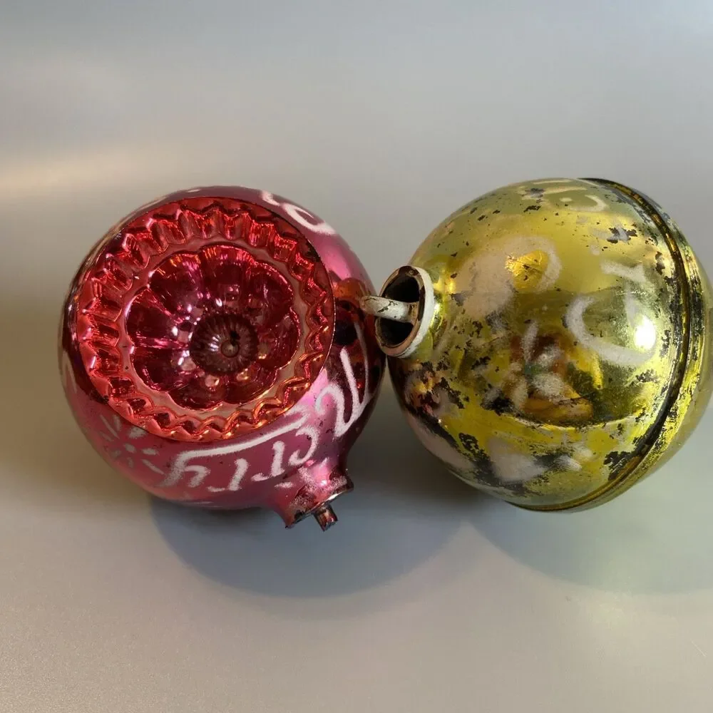 2 Vintage Bradford Stenciled Ornaments MERRY CHRISTMAS Indent Plastic READ